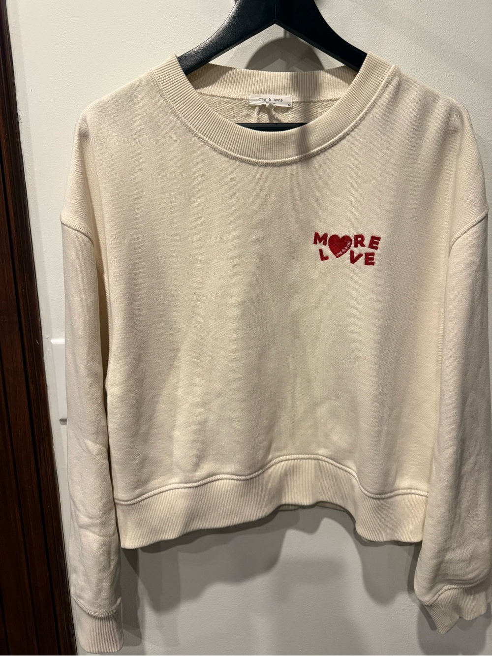 rag & bone Cream Crewneck Sweatshirt with Red "MORE LOVE" Embroidery